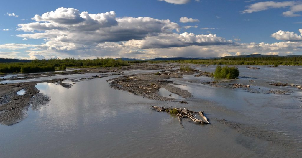 Rieka Chistochina  sa v čase topenia snehu mení na búrlivý veľtok, ako takmer všetky rieky na Aljaške


